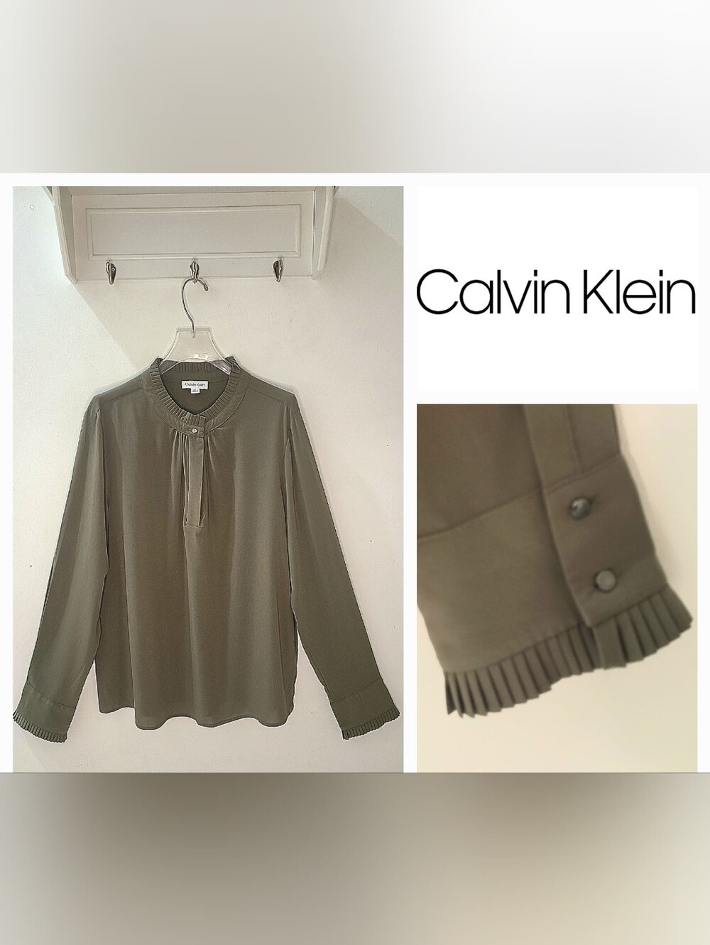 Calvin Klein Pleated Mandarin Collar Blouse Olive Green Long Sleeve Sz XL
